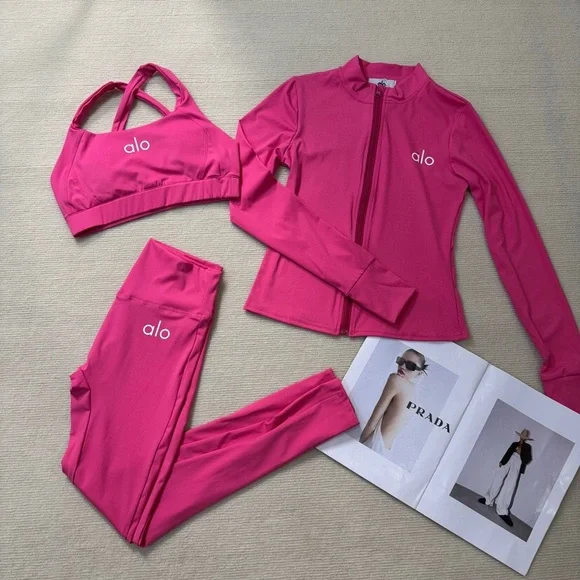 Alo Yoga Raspberry Powder Fitness Yoga Three Piece Set - Picture 2 of 6